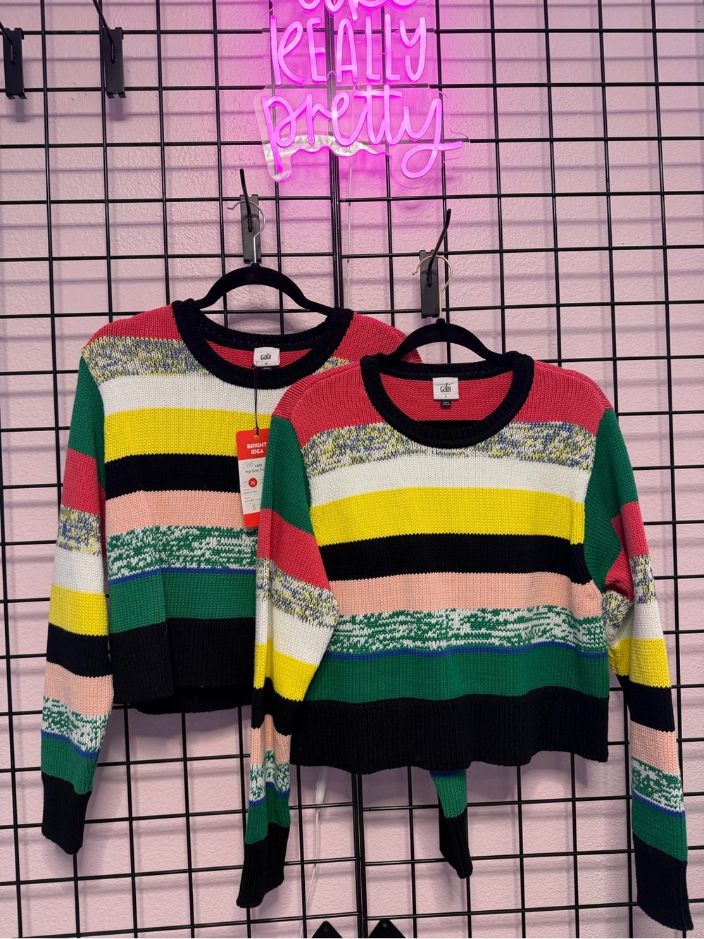 CAbi Striped Crewneck Sweater in Yellow, Green, Pink, Black